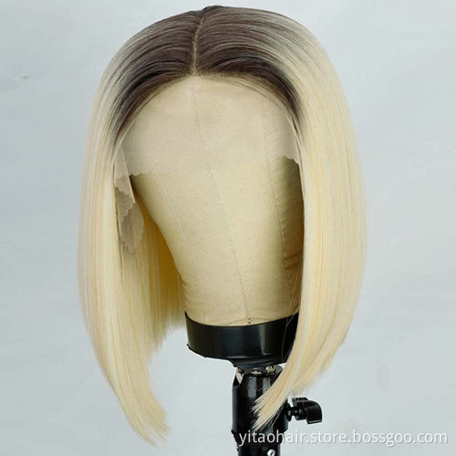 High Quality Hot Sale Cheap Nature Lace Front Ombre Blonde Bob  Wig Silk Straight Synthetic Hair Wig
